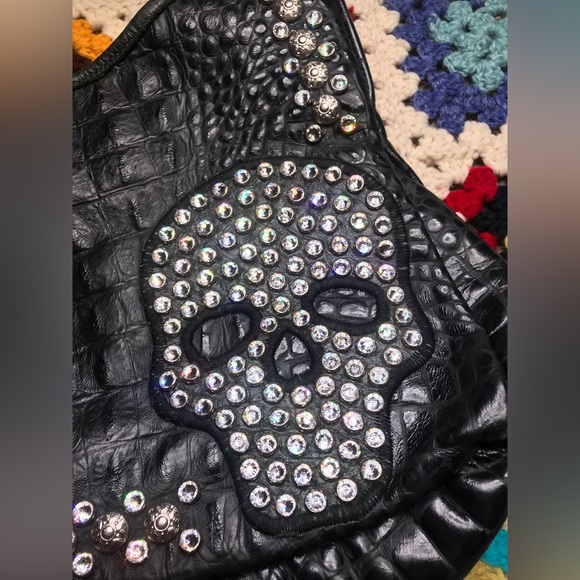 KurtMen design Black Rhinestone Skull textured Handbag Purse Halloween Luxury - Picture 5 of 15